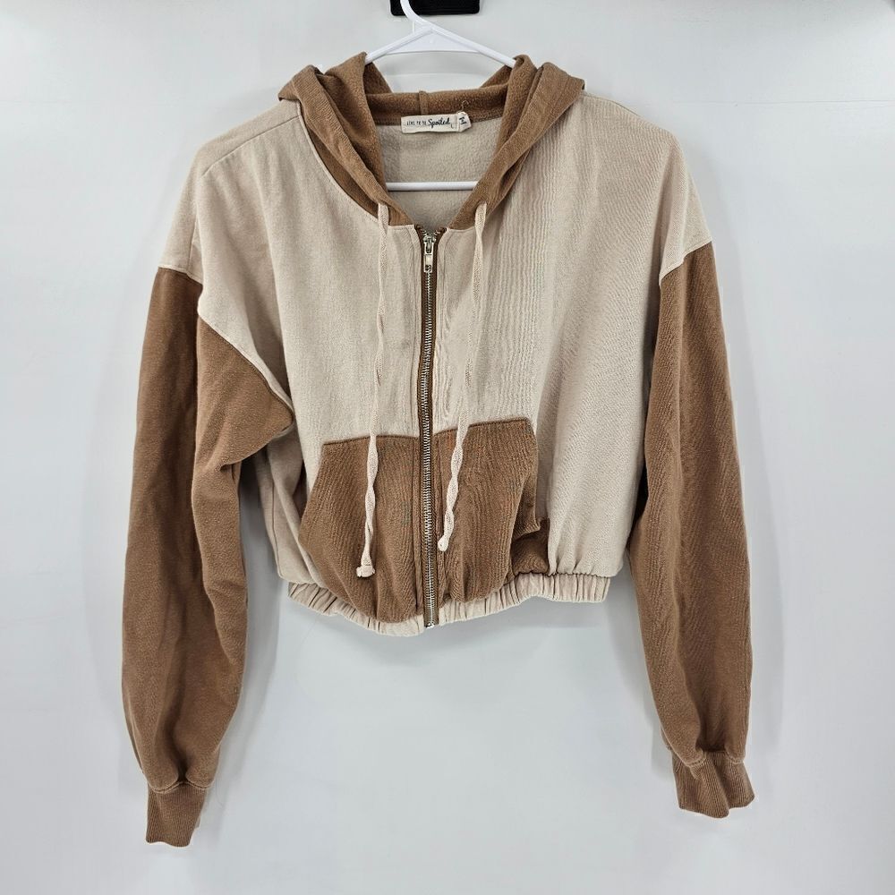Live to be spoiled large crop top sweatshirt hoodie brown tan cream color block